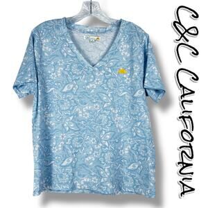 C&C California Blue Floral V Neck Top Logoed 100% Cotton Womens Size Small